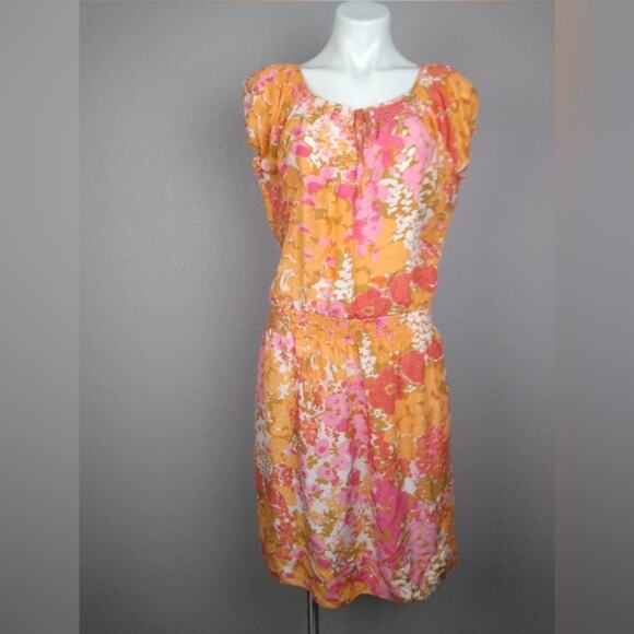 Talbots Pink Orange Silk Floral Drop Waist Dress Size Medium - Picture 2 of 14